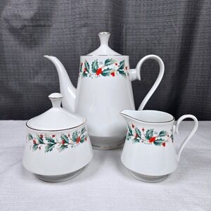 China Pearl Noel Fine China Christmas Teapot Sugar Creamer Set Holly Berry Gold